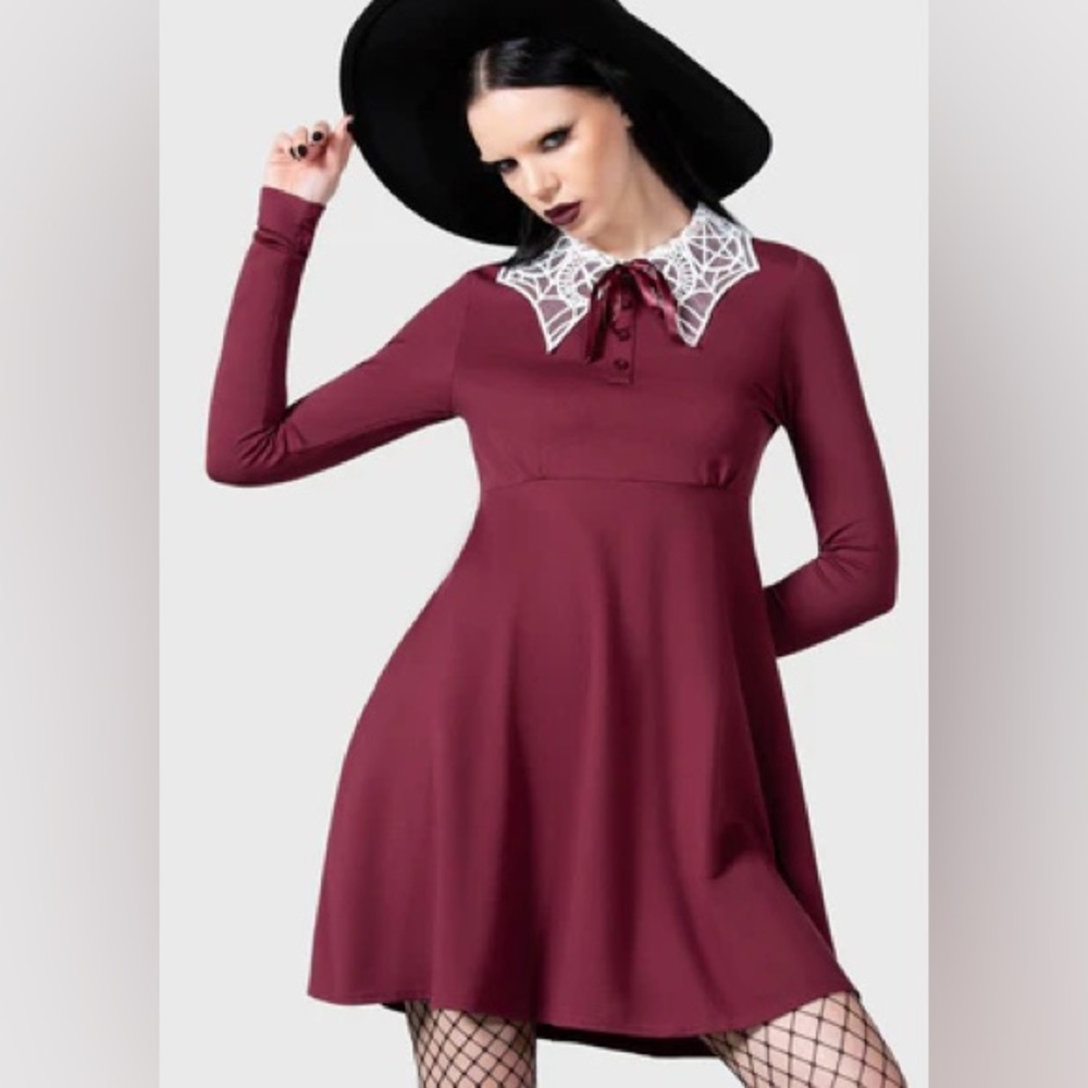 Killstar Burgundy charmed School Dress with Web Collar